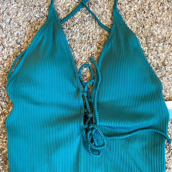 Cupshe Remind Me Solid Ribbed One Piece Swimsuit Green Large Lace Up Front - Picture 2 of 7